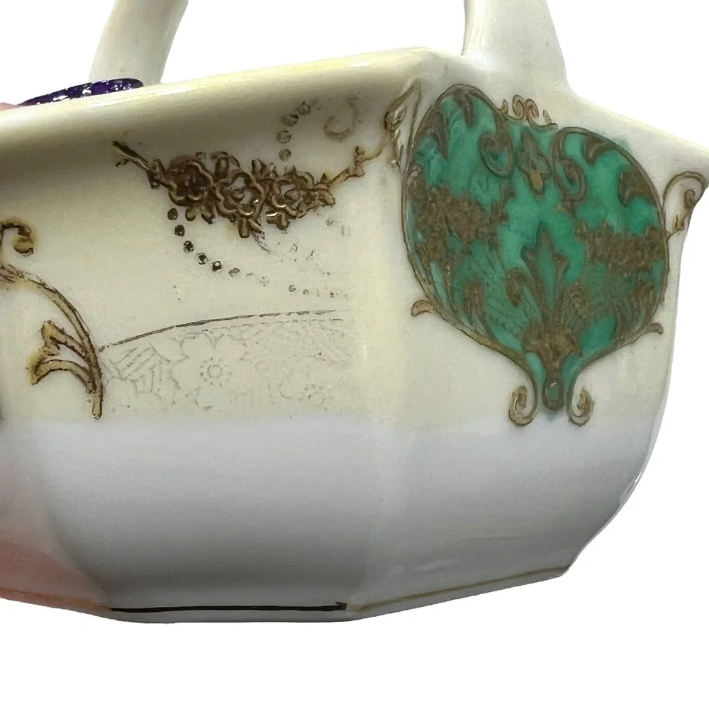NORITAKE GREEN/GOLD/YELLOW HAND PAINTED PORCELAIN CERAMIC MINI BASKET